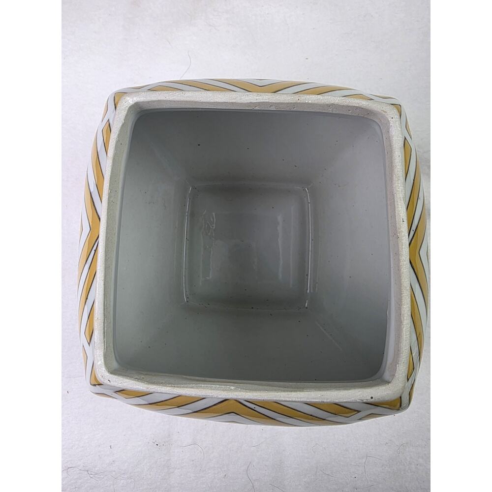 Vintage Ceramic Ginger Jar Yellow & White Geometric Chinoiserie Art Deco Style - Picture 6 of 9